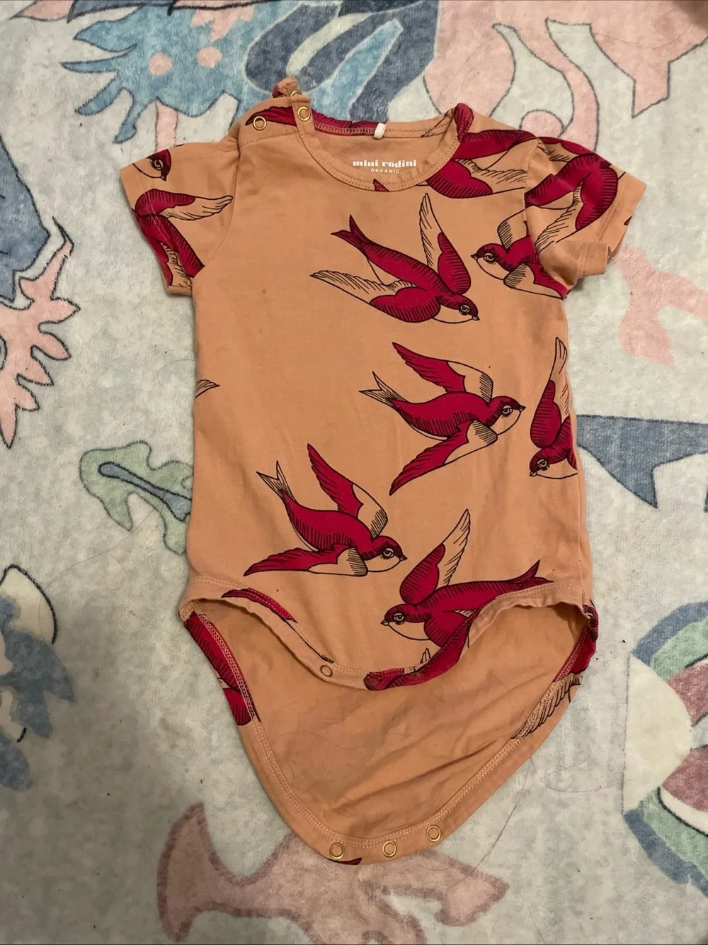 Mini Rodini Peach Bodysuit with Red Bird Print